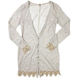 Free People Pumice Linen Lace Trim Cardigan Beige Sz S Boho Coquette Cottagecore